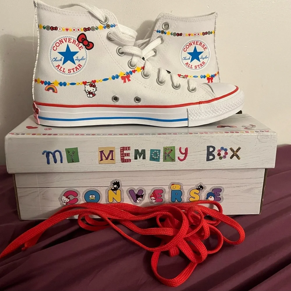 Converse Women’s White Hello Kitty High-Top Sneakers with Red & Blue Trim - Picture 2 of 7